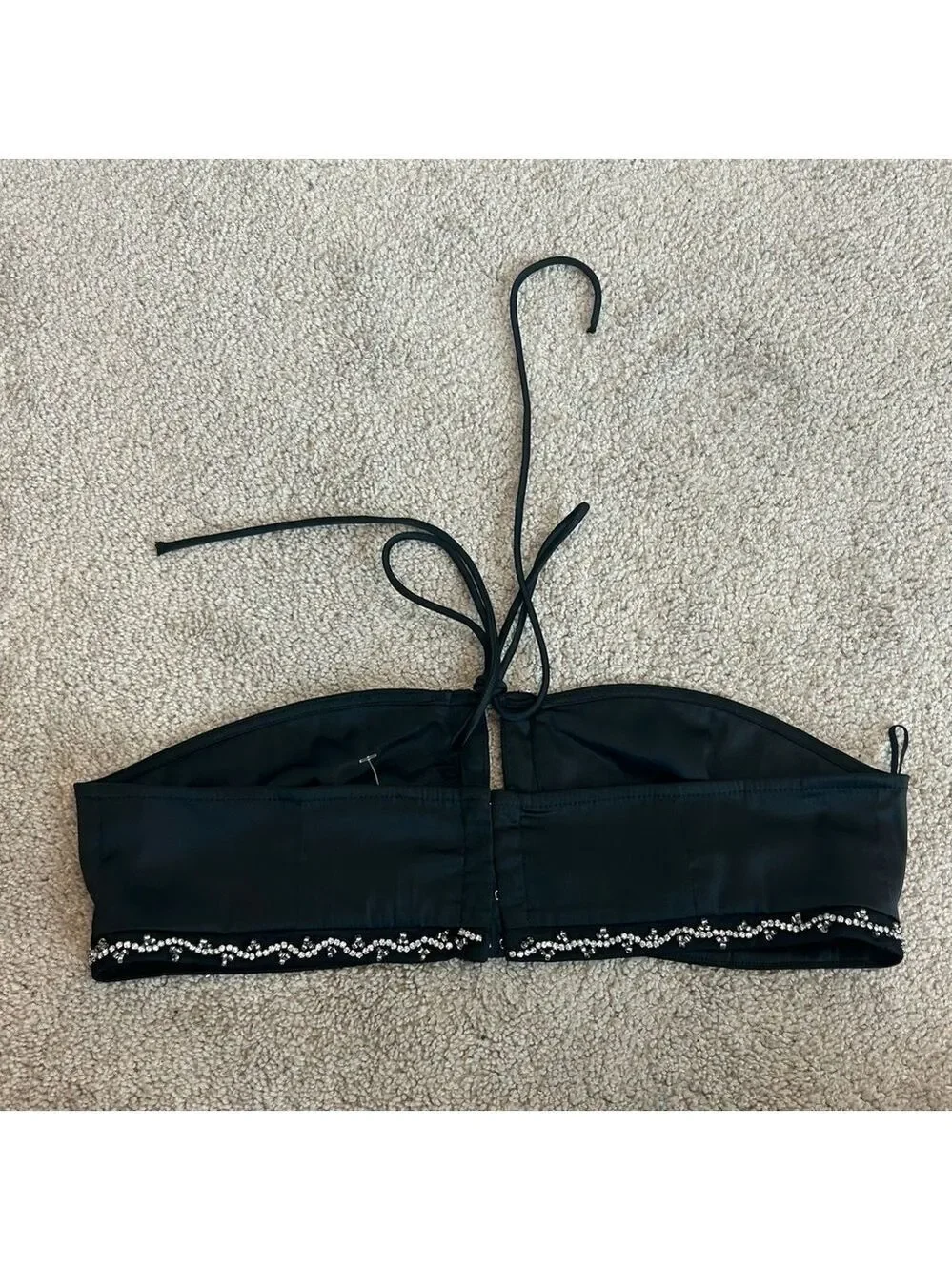 Zara black beaded rhinestone embellished satin bralette crop top Sz L NWT - Picture 7 of 14